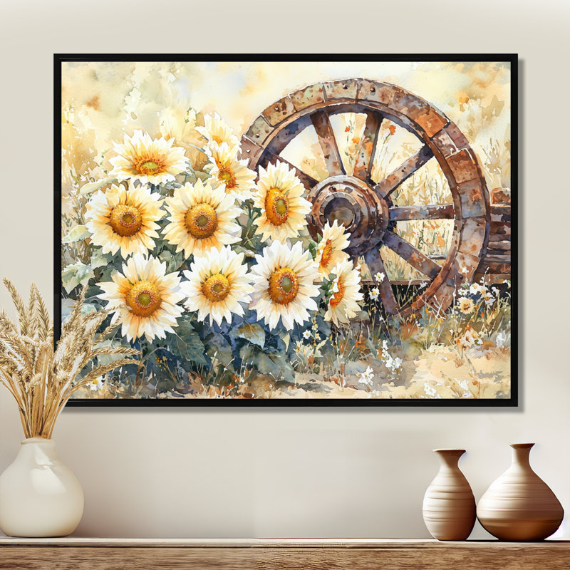 Doten tournesols par roue de chariot, H 12 po x l 20 po, Impression encadrée flottante, Noir, noir, noir, noir