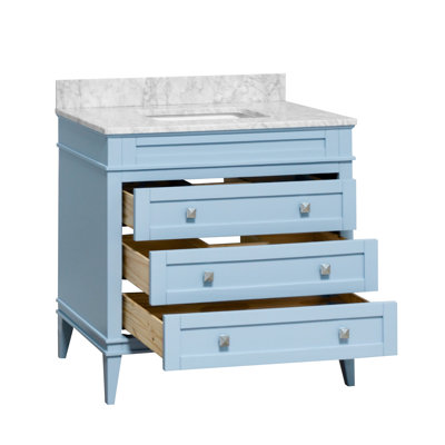 Ensemble de meuble-lavabo simple 36 po avec meuble bleu poudre Whitman et comptoir en marbre de Carrare Whitman