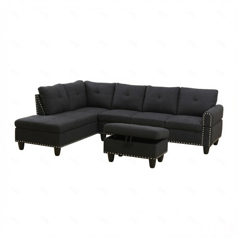 Canapé modulaire en L 3 pièces en L gris et gris avec repose-pieds et porte-gobelets (méridienne gauche)