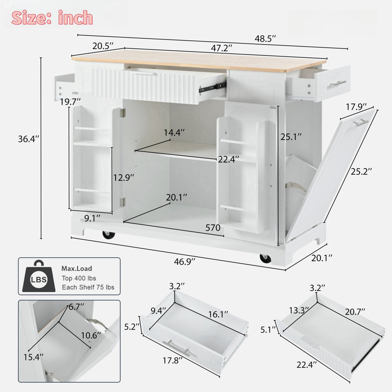 Bickley With Tilt-out Trash Can, Power Outlet, Internal Storage Rack, 3 Drawers And 3 Open Side Racks, White
