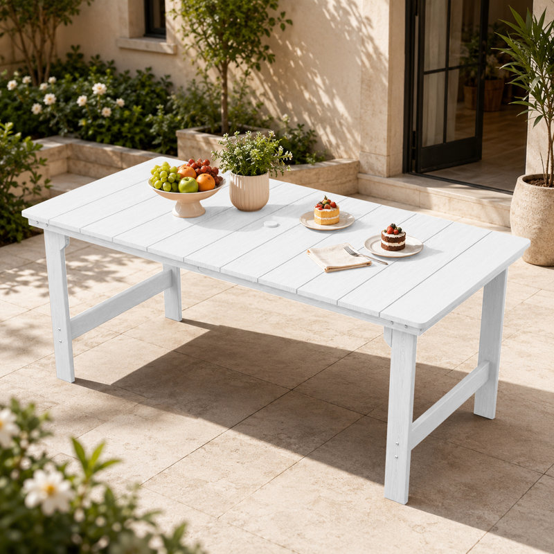 Table de salle à manger d'extérieur en PEHD blanc avec trou pour parasol, Blanc