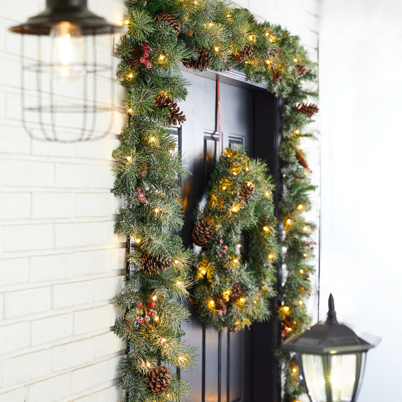 Glittered Christmas Wreath and 9ft Garland with Lights and Pincone