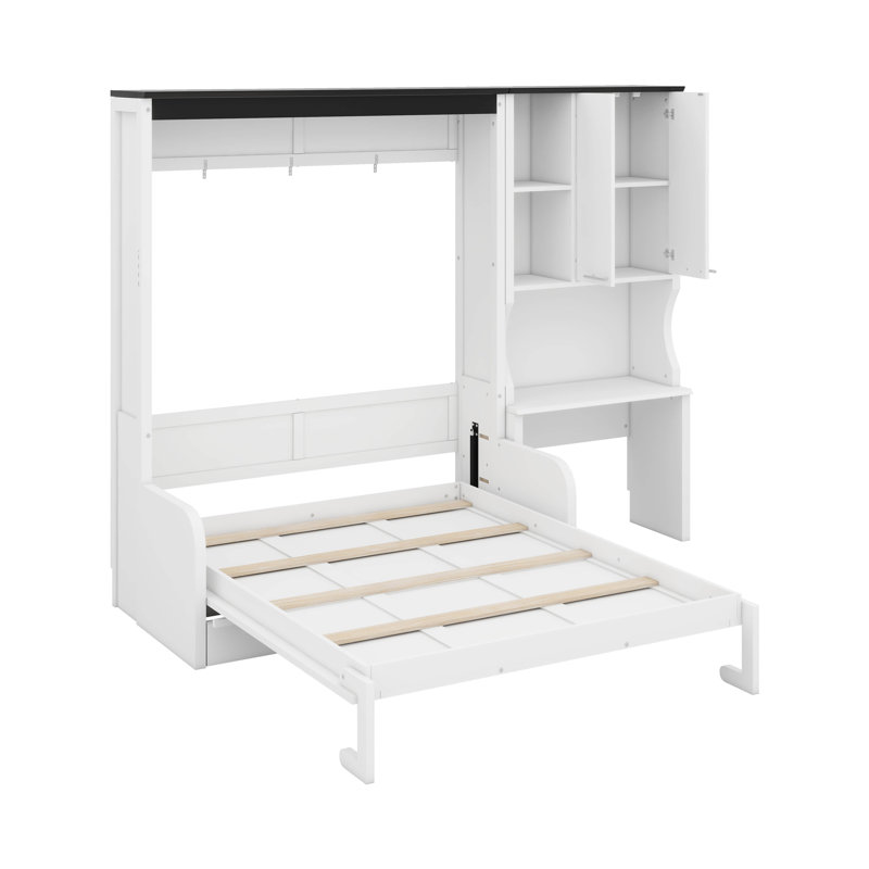 Lit escamotable double avec canapé, bureau et armoire de rangement, Lit double