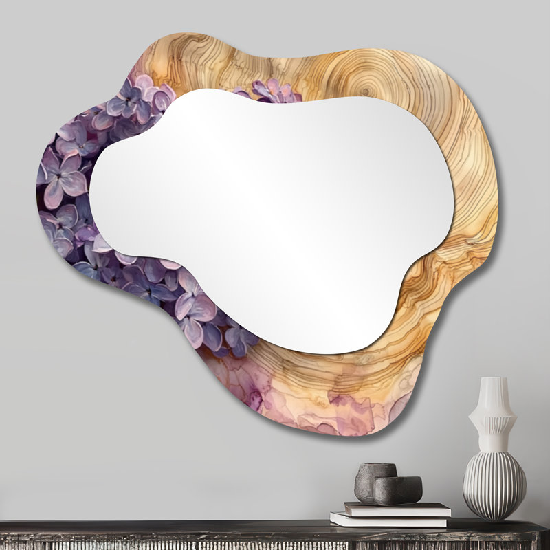 Lilacs Flowers On A Top Of Wooden Slide - Lilacs Irregular Asymmetrical Mirror, Traditional Wall Mirror, Printed on Metal