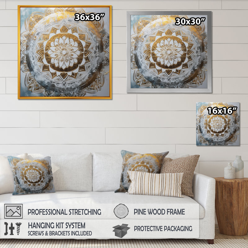 Mandala blanc et doré VII sur toile, H 30 po x l 30 po x P 1 po, Cadre flottant noir