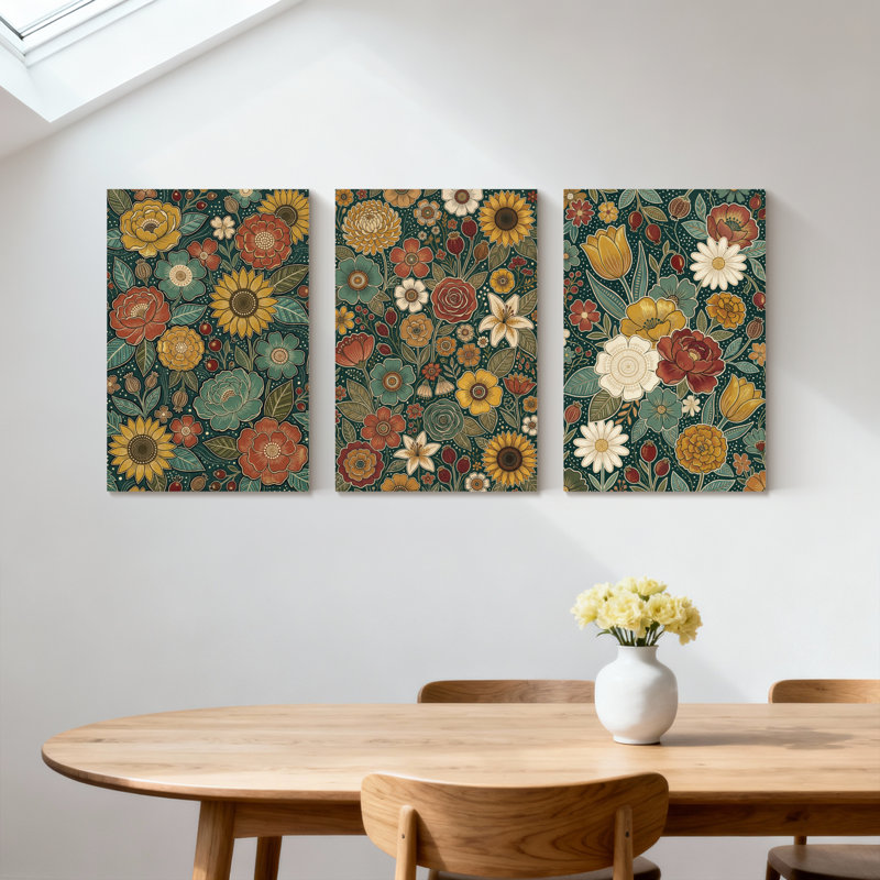 Plantes et fleurs, motif floral avec couleurs vives et feuilles, ensemble de 3 impressions sur toile, H 18 po x l 36 po