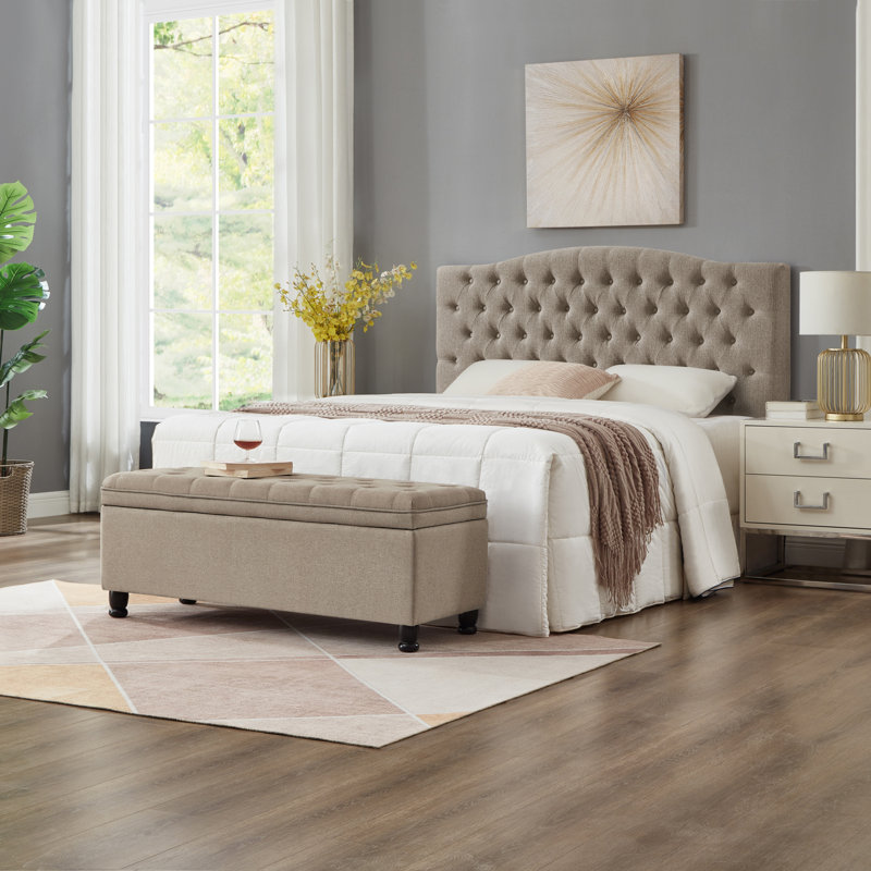 Banc de rangement rembourré capitonné avec boutons, banc d'entrée en tissu de lin avec pieds en bois fuselés, banc de lit - Lin