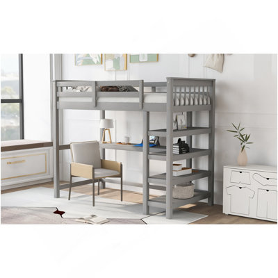 Twin Size Loft Bed With Storage Shelves And Under-Bed Desk, Grey(OLD SKU:SM000245AAE-1)