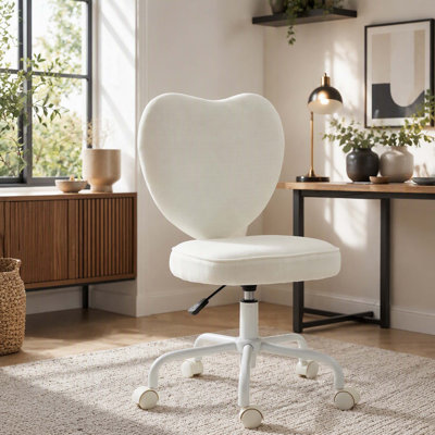Fauteuil de bureau sans accoudoirs, coiffeuse de maquillage en tissu moderne en forme de cœur, roues pivotantes, hauteur réglable, blanc