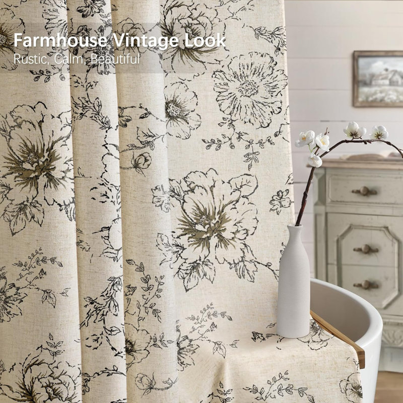 Farmhouse Floral Vintage Shower Curtain Black Linen Pattern Shower Curtains Tan Taupe 72X72