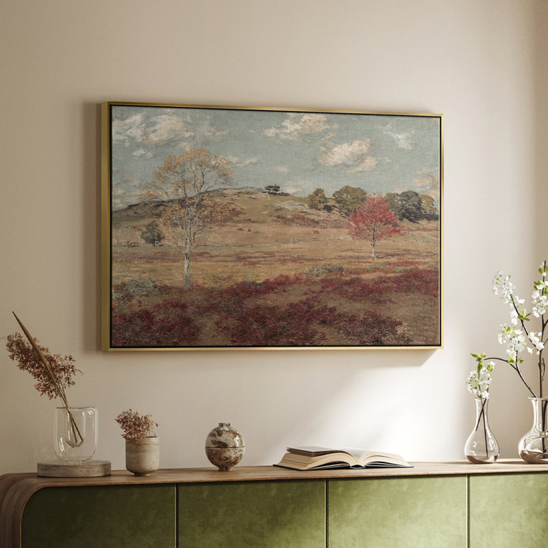 Paysage rétro - DCxxix, Toile avec cadre doré, H 17 po x l 25 po x P 2 po