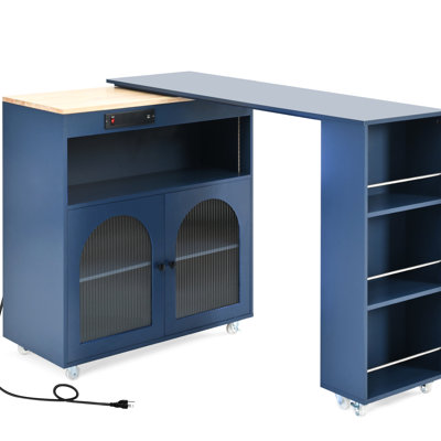 Navy Kitchen Island With Led , Power Outlets, Open Shelves On Wheels Fluted Glass Doors, Lights, Sockets & Spacious Storage,