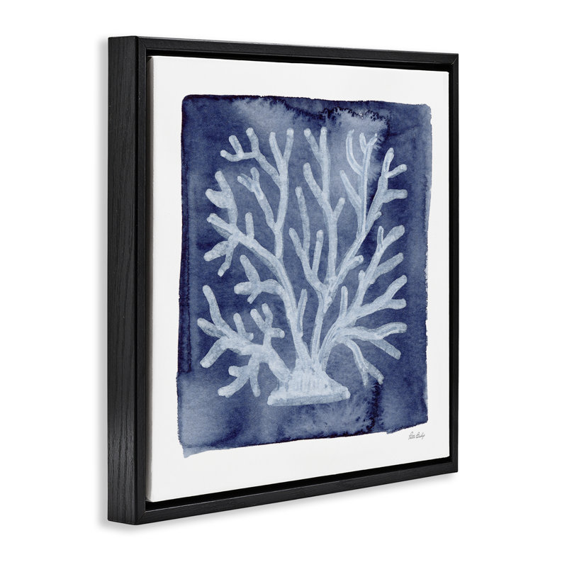 Corail blanc sur cadre flottant indigo, design par Patti Bishop, H 25 po x l 25 po, Cadre flottant noir de jais