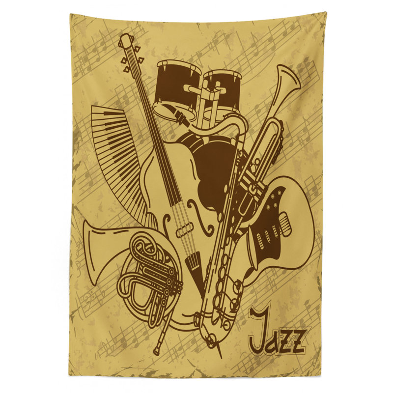 Ambesonne Music Tablecloth, Jazz Music Equipments With Vintage Background Retro Style In Music Themed Print, Rectangular Table Cover For Dining Room Kitchen Decor, 52" X 70", Cream Brown