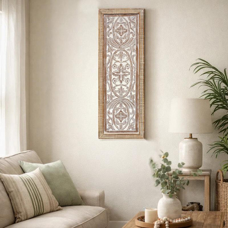 Panneau rectangulaire en bois de manguier avec sculpture murale complexe
