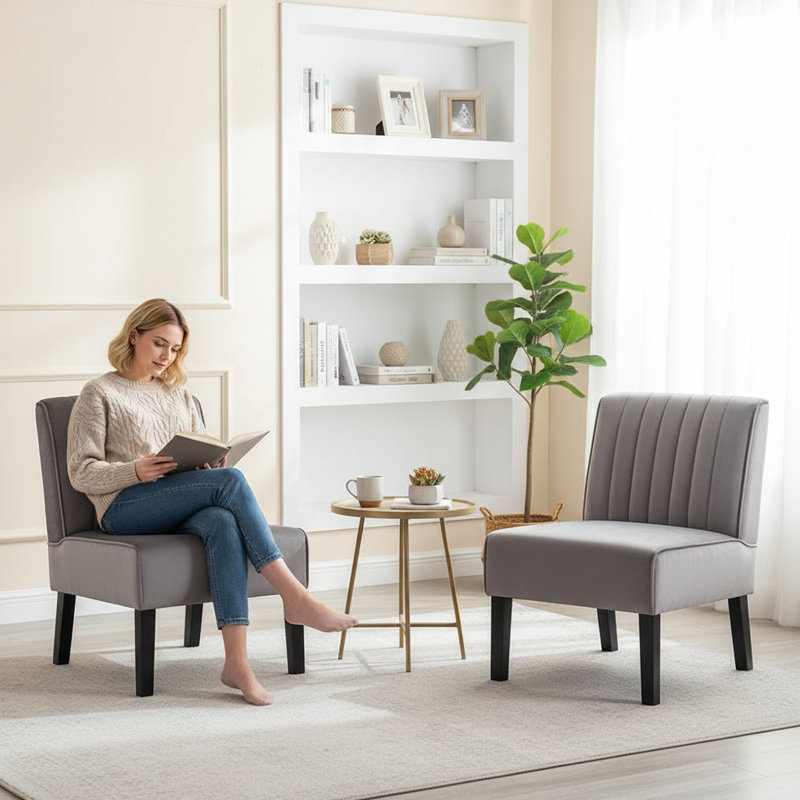 Antanina Wide Slipper Chair,Accent chair,Reading chair with solid wood legs , Gray Velvet