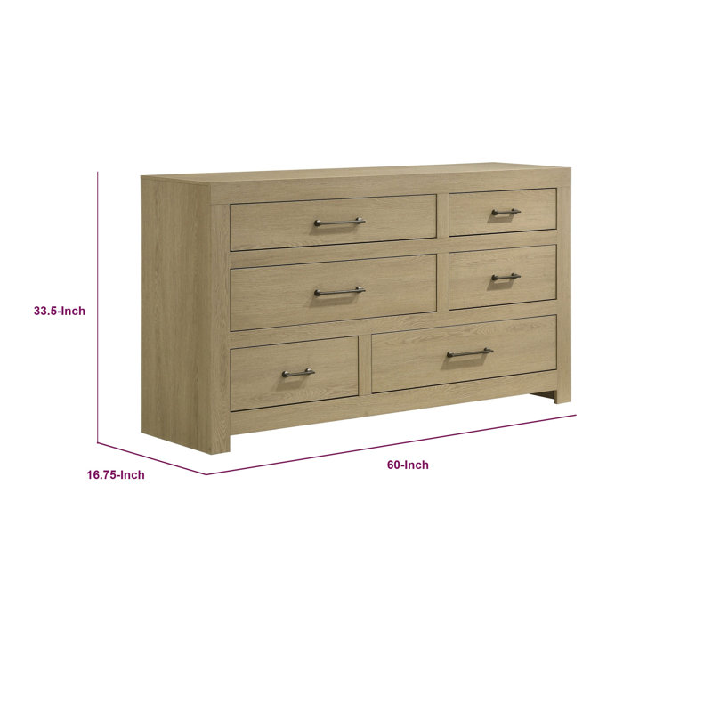 Grande commode Juhi, 6 tiroirs, conception asymétrique, bois de chêne clair