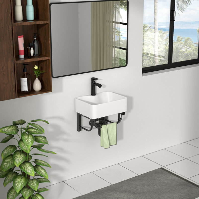 Lavabo de salle de bain mural en céramique avec barre à serviettes L 16 po x l 12 po