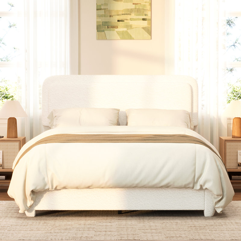 Structure de lit grand Boucle avec tête de lit à hauteur réglable, lit plateforme moderne avec tête de lit courbée, lit plateforme élégant en tissu bas Boucle, pas de sommier nécessaire, assemblage facile, blanc