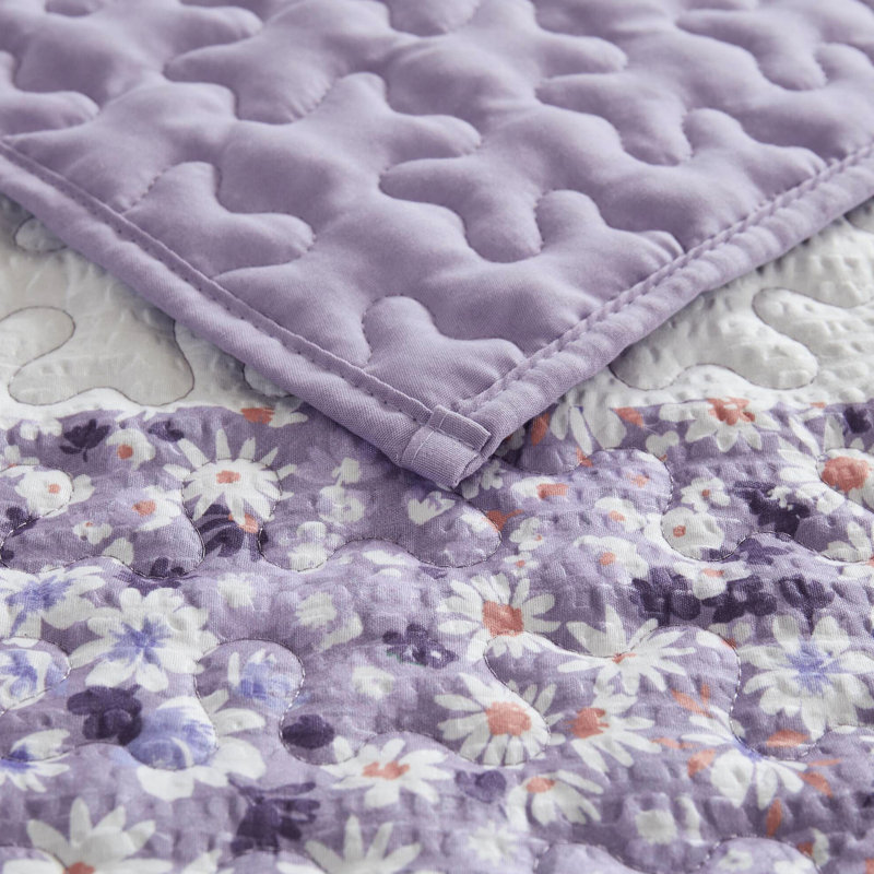 Courtepointe 4 pièces Seersucker pour lit double / grand - imprimé botanique floral, coussin froncé et jeté lavable à la machine en microfibre