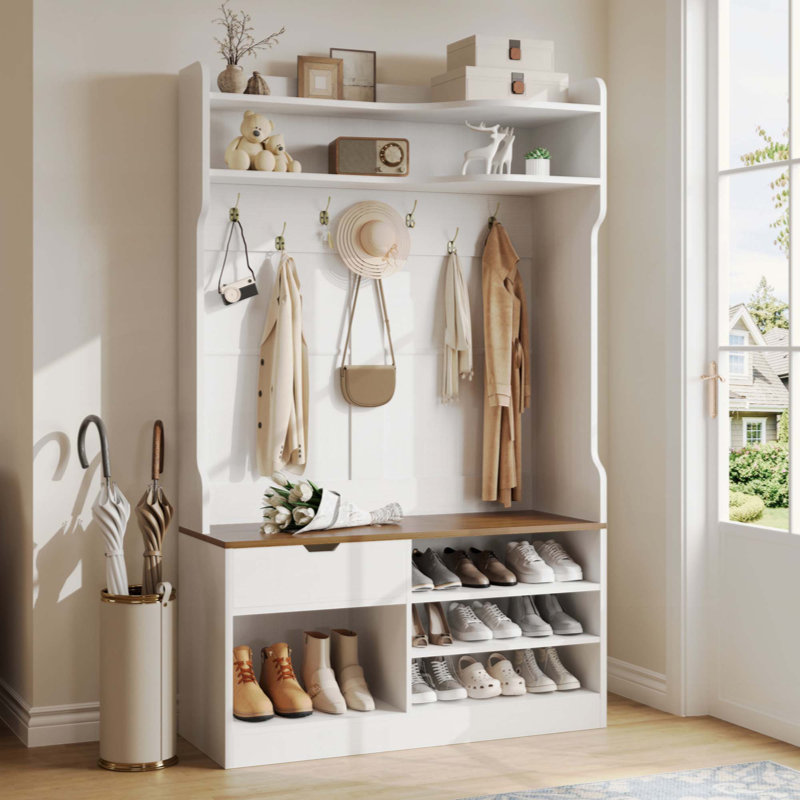Arbre d'entrée avec banc, rangement d'entrée 5 en 1, armoire à chaussures 3 couches, 7 crochets à manteau, tiroir