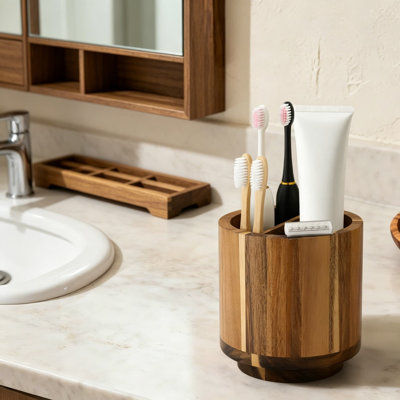 Porte-brosse à dents en bois rotatif pour comptoir de salle de bain, organisateur pivotant à 360 degrés avec trous de ventilation pour brosse à dents électrique, brosse à dents, rasoir et dentifrice