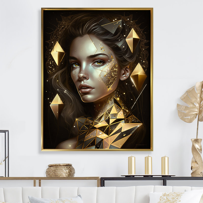 Portrait de femme en cristal doré IV, H 44 po x l 34 po x P 1,5 po, Toile avec cadre flottant or