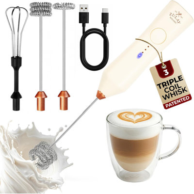 Mousseur à lait rechargeable Zulay Kitchen - dynamique - 3 vitesses, 3 accessoires pour fouet, charge 500 ma USB, mélangeur de boissons pour café au lait, cappuccino, matcha, poudre de protéine, mousse de café