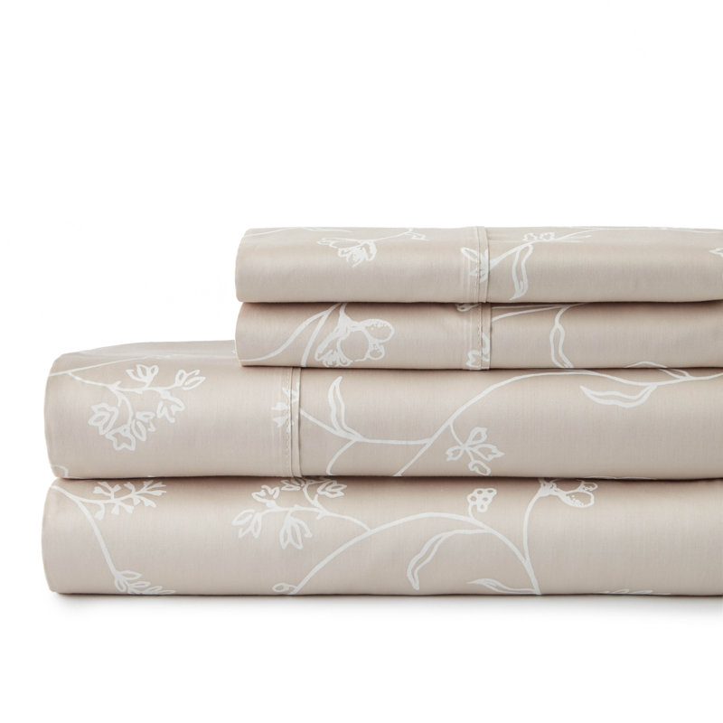 Southshore Fine Linens Sweetbrier Sand Floral Extra Deep Pocket Sheet Set, 100% Cotton 300 Thread Count Sateen Bedding, 2 Pillowcases, 22-Inch Deep Pocket, Queen