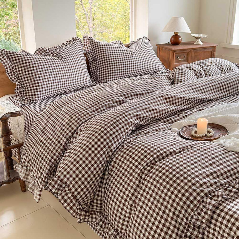 Ensemble de housse de couette à volants Gingham, ensemble de housse d'édredon à carreaux en microfibre prélavée, Guingan moka
