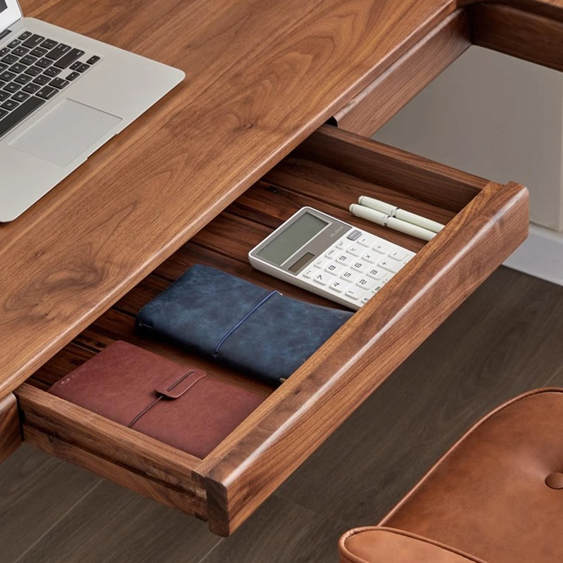 Bureau en forme de L en noyer noir de style nordique avec tiroirs, H 29,53 po x l 62,99 po x P 47,24 po