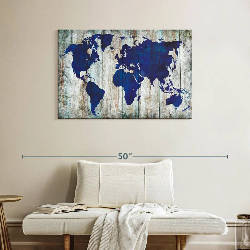 Carte du monde bleu Aliaz sur bois, H 26 po x l 39 po