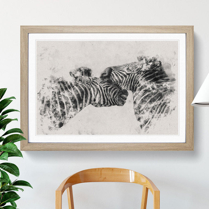Zebras Vol.1 Watercolour - Picture Frame Graphic Art, Oak, 48cm H x 65cm W x 2cm D