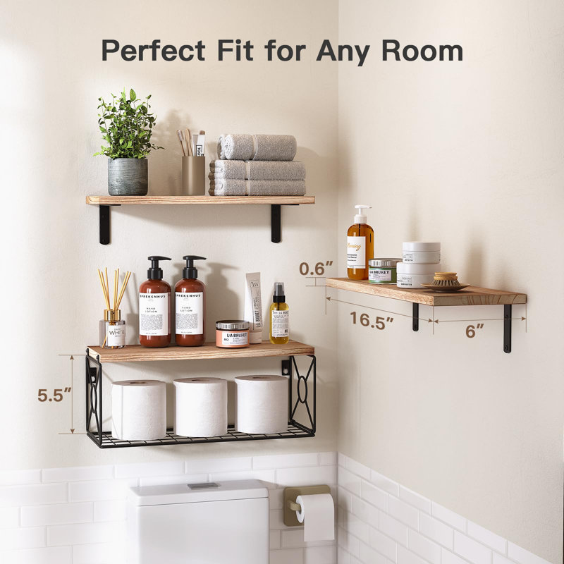 Bathroom Shelves Over Toilet With Storage Basket, Floating Wall Shelves For Home Organization & Wall Decor, Natural, Natural