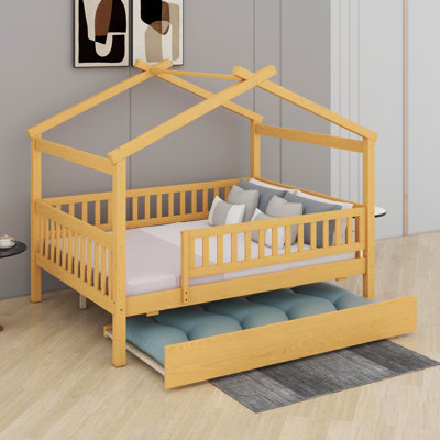 Lit de maison en bois avec lit gigogne, cadre de lit en bois avec toit et sécurité