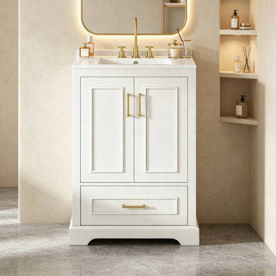 Meuble-lavabo autoportant de 61 cm (24 po) avec lavabo en céramique, tiroir de rangement et organisateur latéral de porte, portes à fermeture douce, poignées dorées