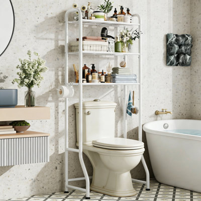 Over The Toilet Storage Rack, Metal 3 Tier Bathroom Organizer Shelf With Paper Holder And Hooks, Freestanding Space Saver, White