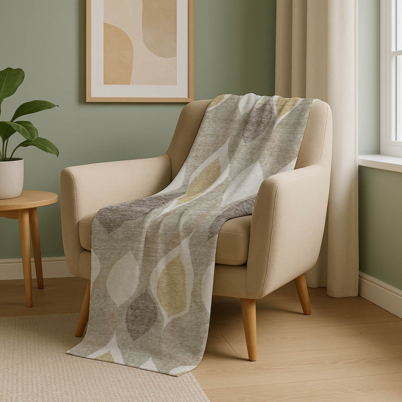 Addison Machine Washable Sherpa ASB749 Mid-Century Modern Throw Blanket, Beige Geometric