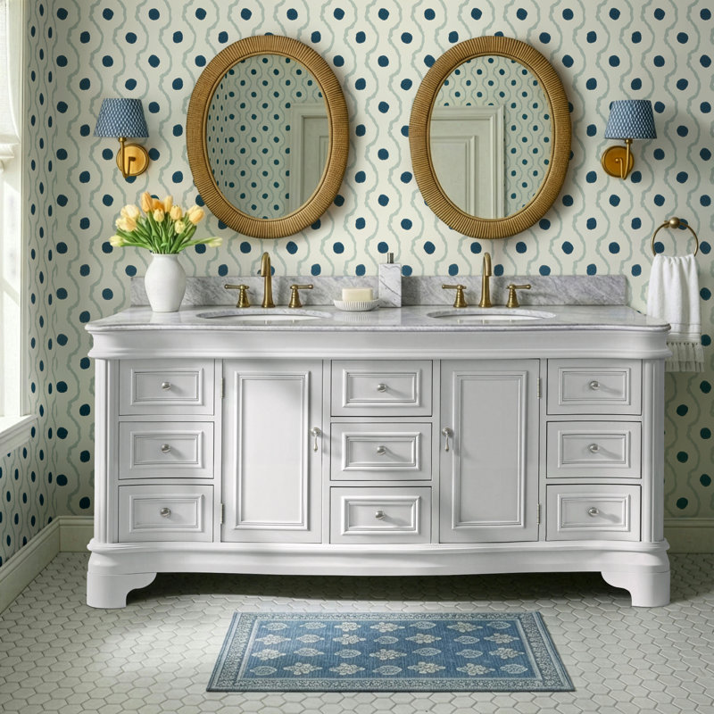 Twain 72" Double Bathroom Vanity Set with White Cabinet and Carrara Marble Countertop, Carrara Marble, White