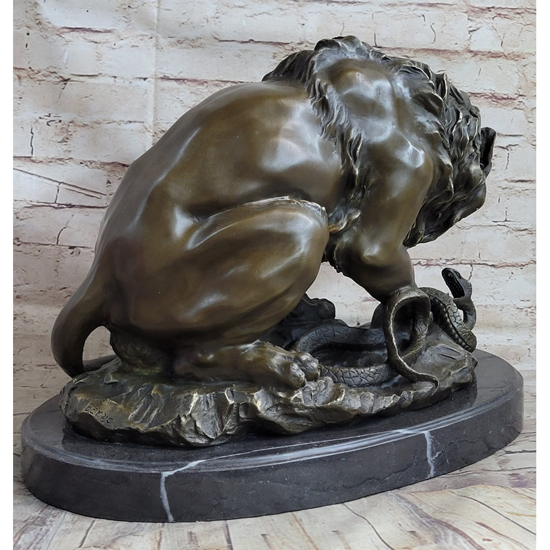 Antique Bronze Lion vs Snake Statue on Marble Base