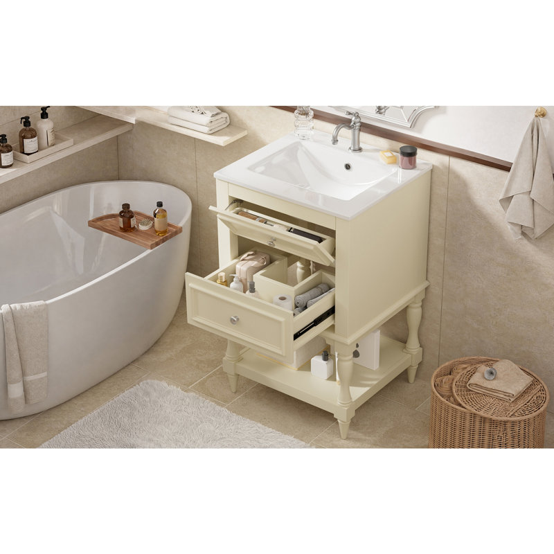 Meuble-lavabo de salle de bain avec lavabo en céramique, Beige