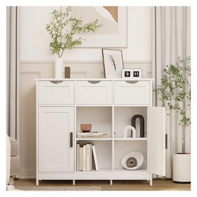 Armoire de rangement décorative blanche avec tiroirs et tablettes - Armoire de plancher en bois pour le salon, la chambre à coucher et la salle de bain