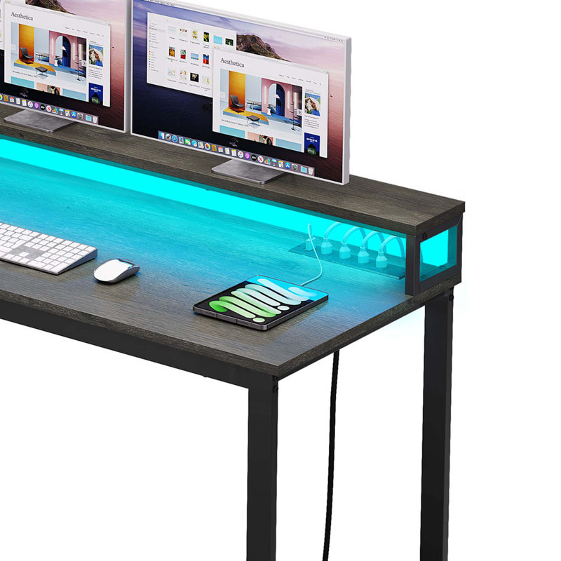 55'' L-Shape Computer Desk With LED Lights, Power Outlets & Drawer Shelves, Gray