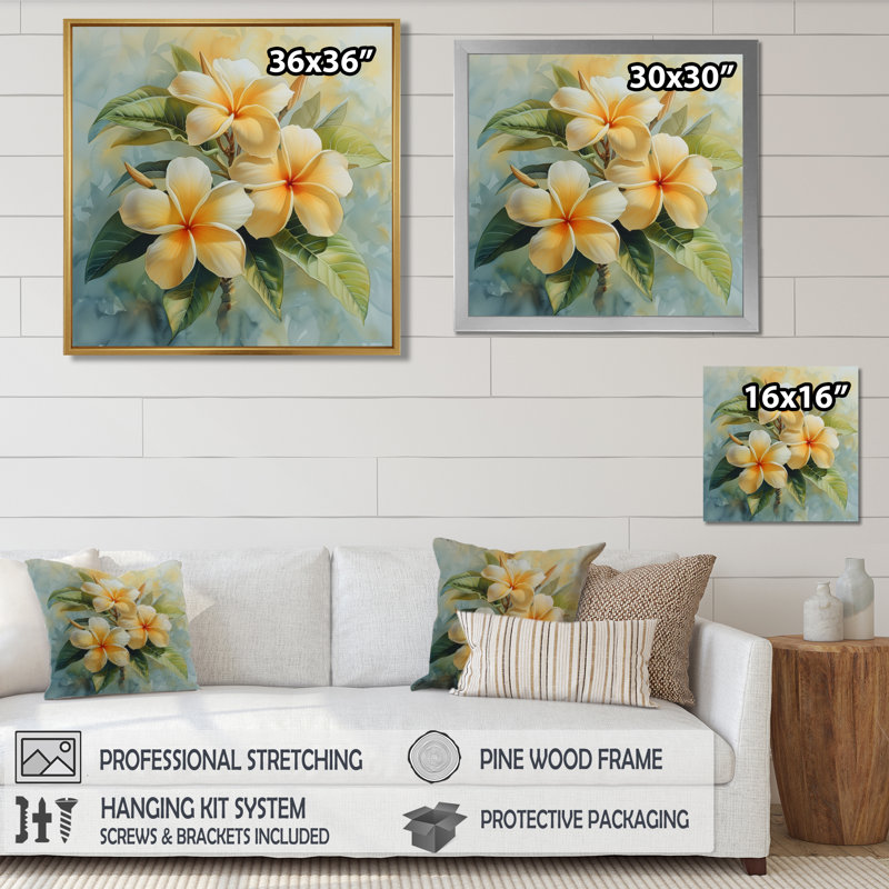 Décoration murale jaune et blanc Plumeria Tropical Dream - Plumeria, Toile encadrée flottée blanche