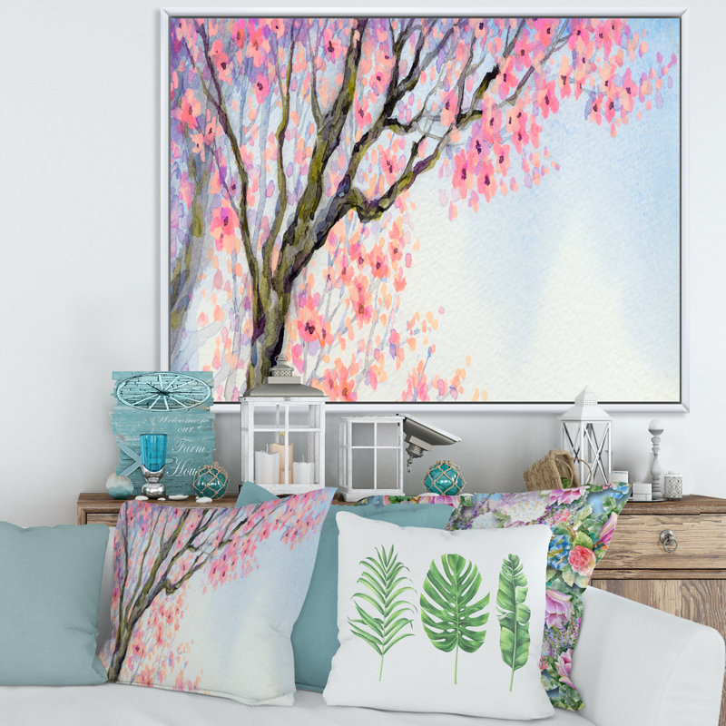 Magnifique oiseau rose sur une branche II - peinture sur toile, Cadre blanc, H 30 po x l 40 po x 1,5 po