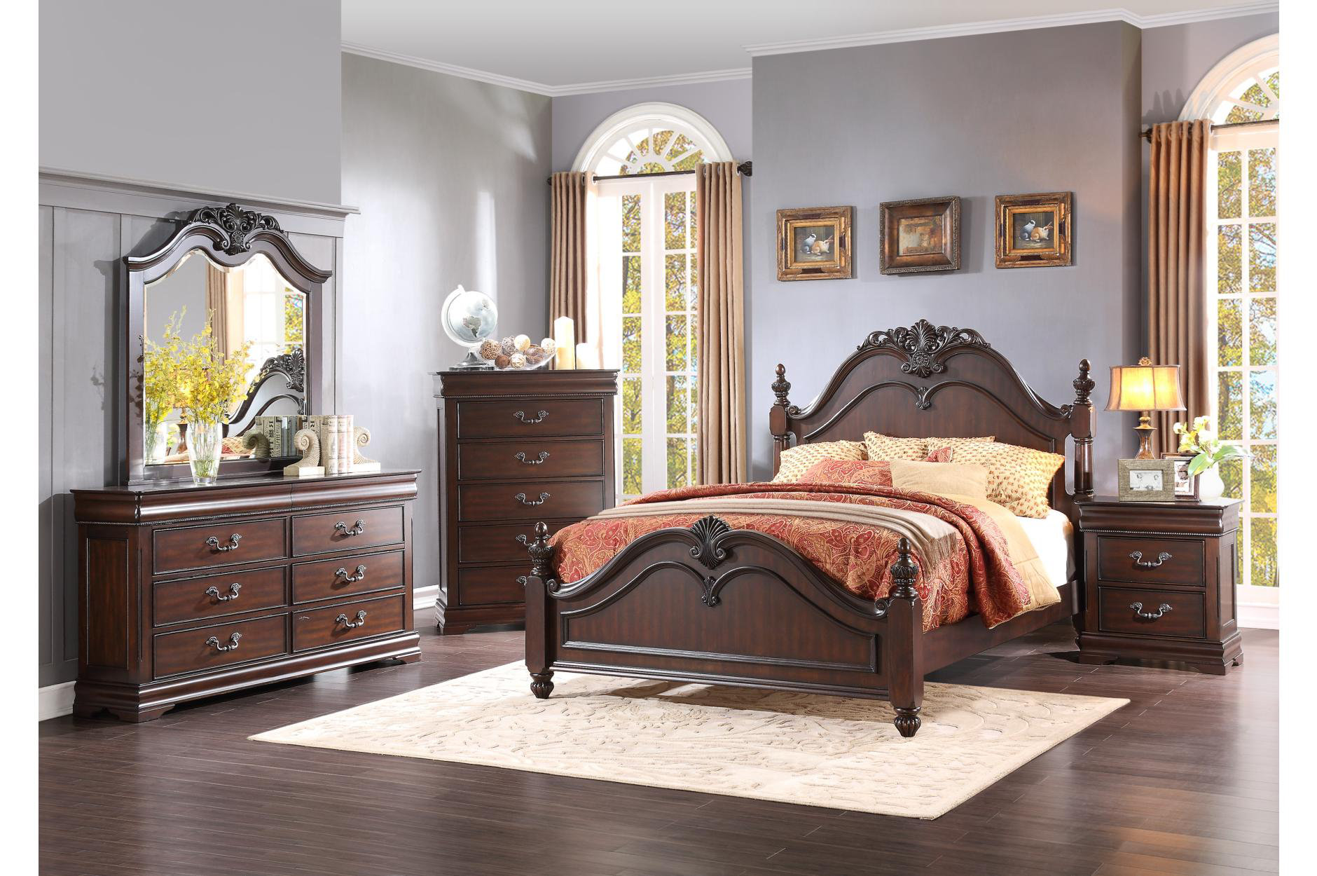 Classic 5 Pieces Bedroom Furniture Set, Queen Size Platform Bed Frame with  Headboard Set of 5 Wooden Furniture Set with Queen Bed Frame + Nightstand*2  + 6 Drawer Dresser + 5 Drawer Chest, Rich Brown 