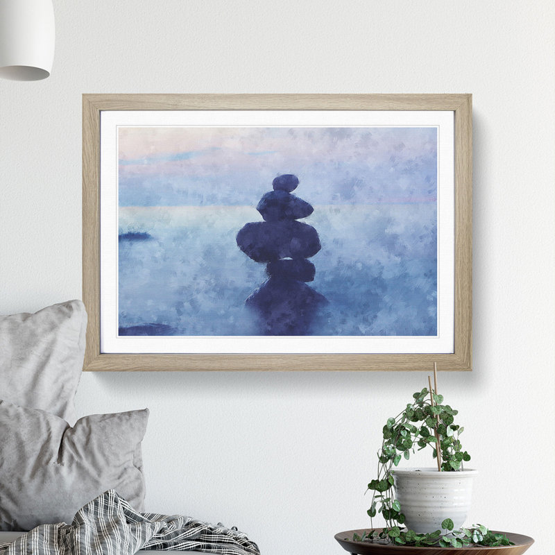Balancing Zen Stones Upon A Lake - Single Picture Frame Painting on MDF, 33cm H x 45cm W x 2cm D, Oak