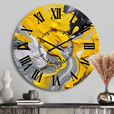 Yellow And Grey Cosmic Vibrations II - Abstract Black Face Wall Clock