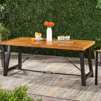Table de salle à manger d'extérieur en bois avec structure en métal, finition industrielle de style moderne, 70 x 33 x 29,5, table de style Delight, fer de 70 po de largeur, 33 po de profondeur, 29,5 po de hauteur