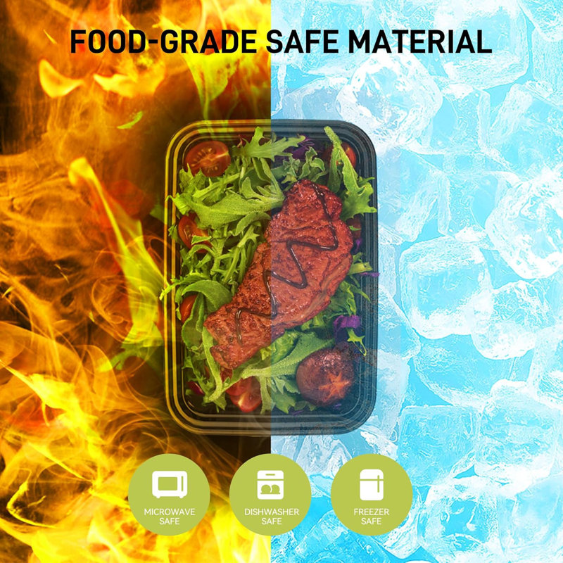  100 contenants de préparation de repas, 33 oz de grands contenants de rangement des aliments avec couvercles avec 1, 2, 3 compartiments, des boîtes de congélation sécuritaires à emporter / à emporter, comprend 5 tasses de 2 oz pour ranger les mets 